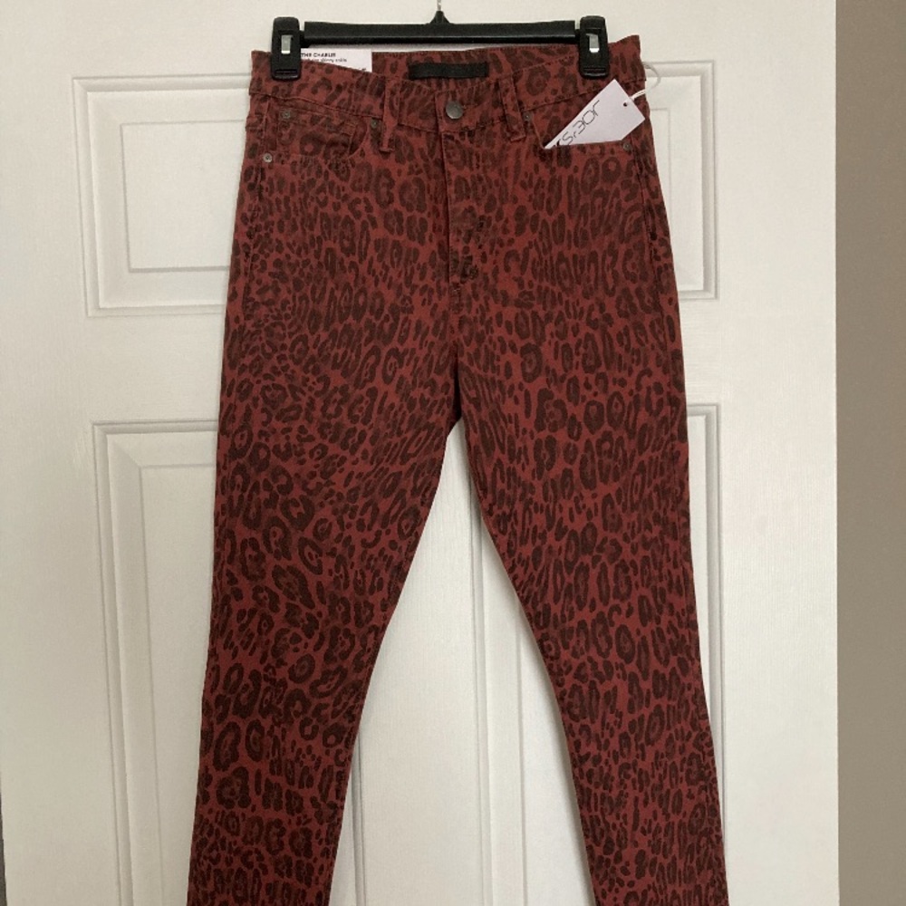 Joe’s The Charlie High Rise Skinny Ankle in Dusty Red Leopard Print Jeans
